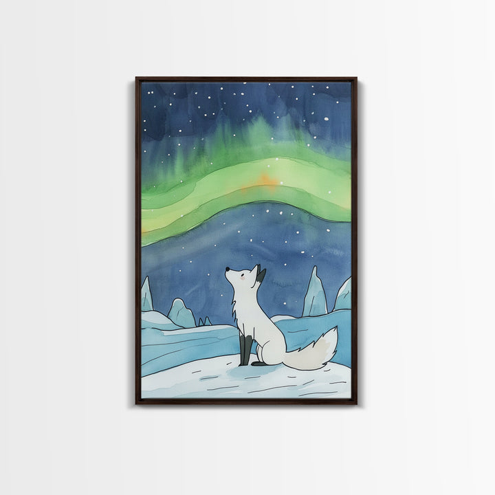 White Arctic Fox Under Aurora Wall Art, Celestial Night Sky Print, Winter Nursery Decor, Whimsical Wildlife Wall Decor, Gift For Her