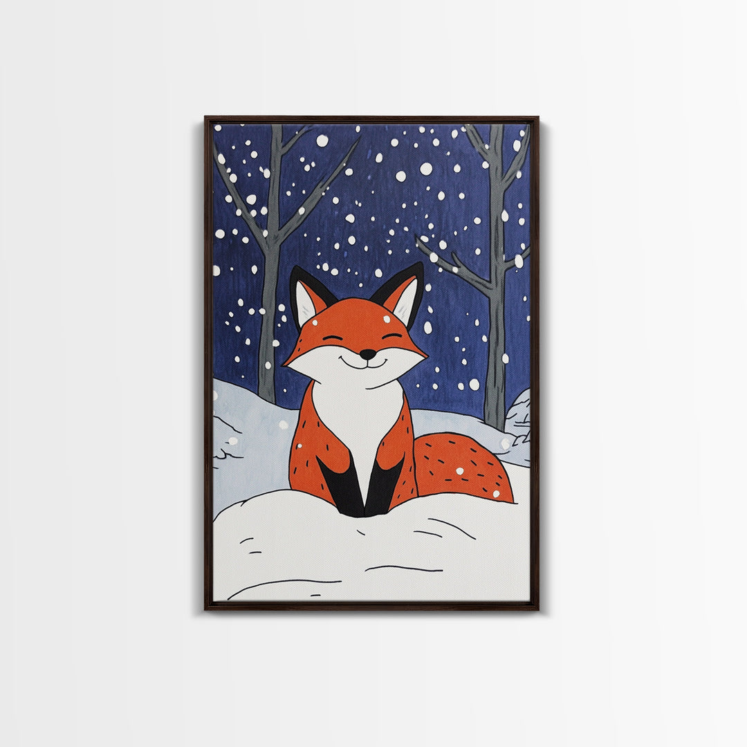 Smiling Red Fox In Falling Snow Wall Art, Cute Woodland Animal Art Print, Winter Nursery Decor, Whimsical Kids Room Decor