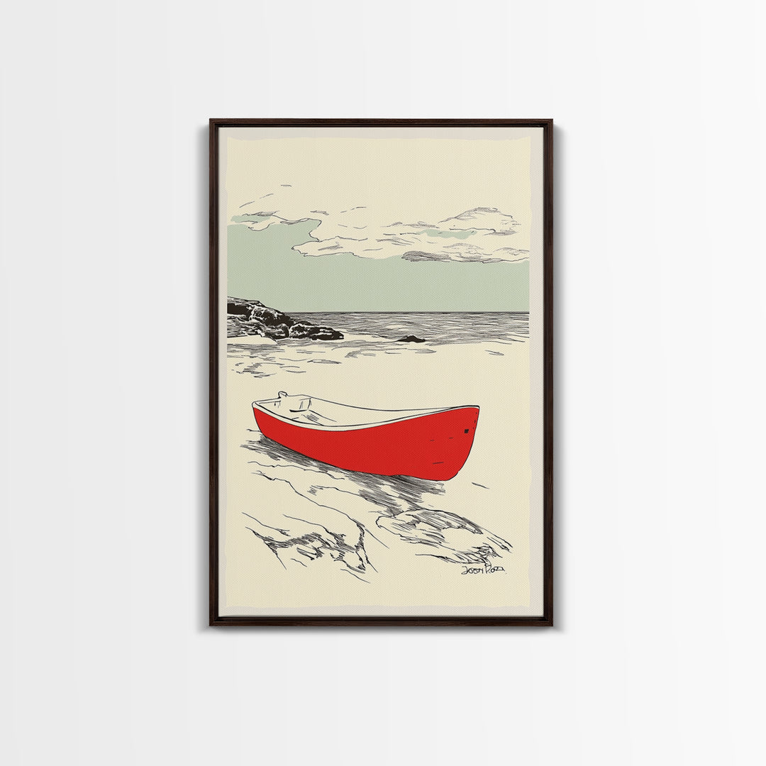 Red Rowboat On Rocky Shore Wall Art, Nautical Coastal Print, Beach House Decor, Seascape Wall Art, Lake House Gift For Him