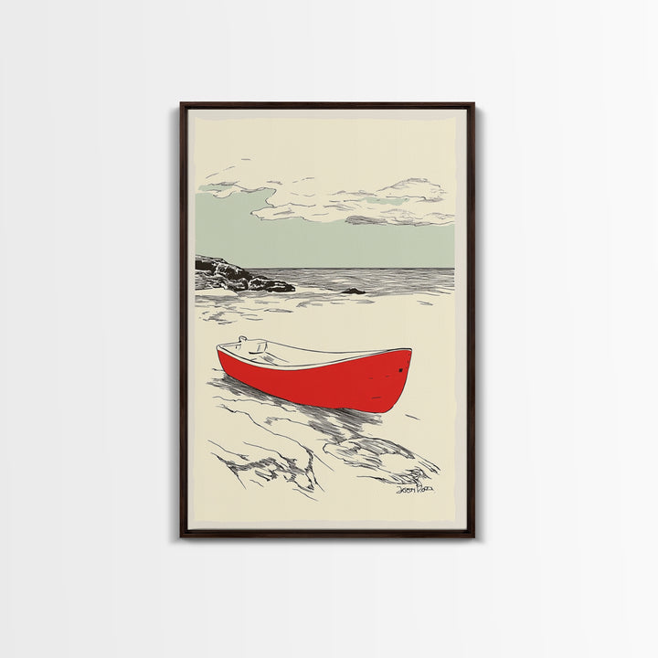 Red Rowboat On Rocky Shore Wall Art, Nautical Coastal Print, Beach House Decor, Seascape Wall Art, Lake House Gift For Him