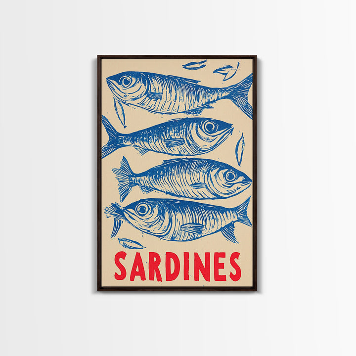 Blue Sardines Seafood Poster Canvas Print, Coastal Kitchen Wall Art, Nautical Wall Decor, Ocean Fish Art For Home Decor Gift