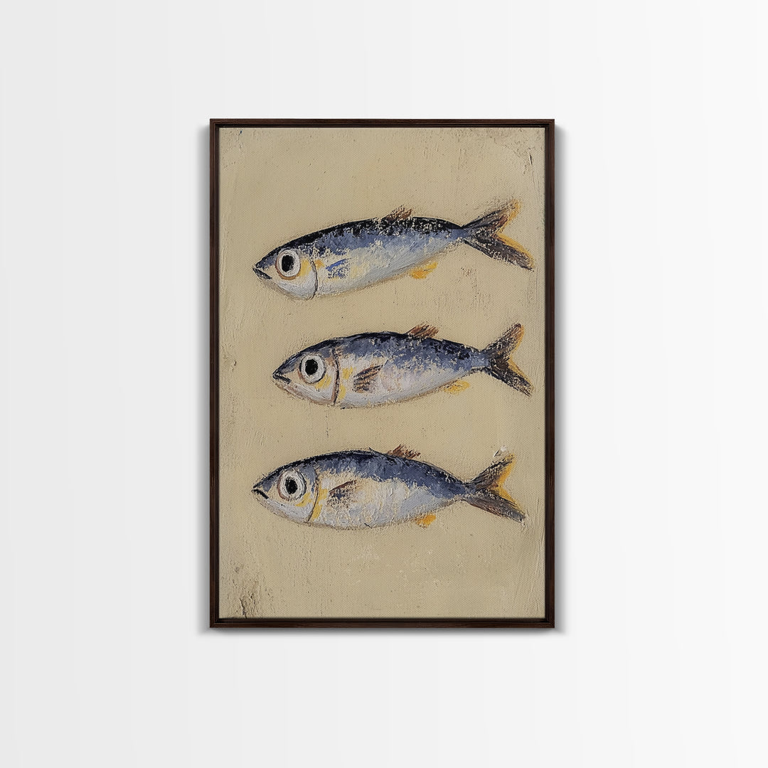 Three Silver Sardine Fish Painting Wall Art, Coastal Kitchen Decor, Nautical Sea Life Canvas, Beach House Gift Print For Home Decor