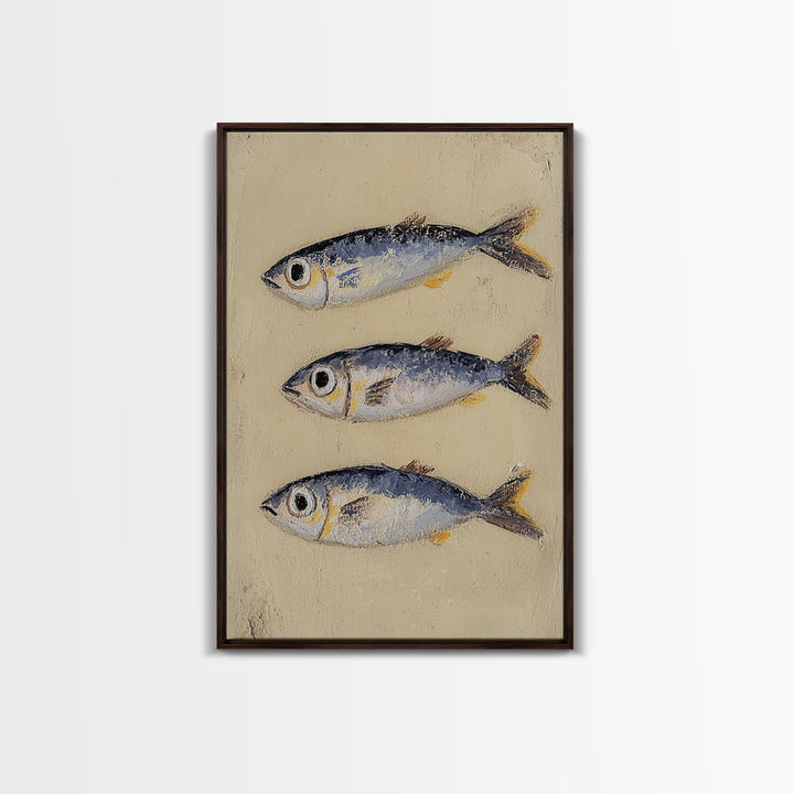 Three Silver Sardine Fish Painting Wall Art, Coastal Kitchen Decor, Nautical Sea Life Canvas, Beach House Gift Print For Home Decor