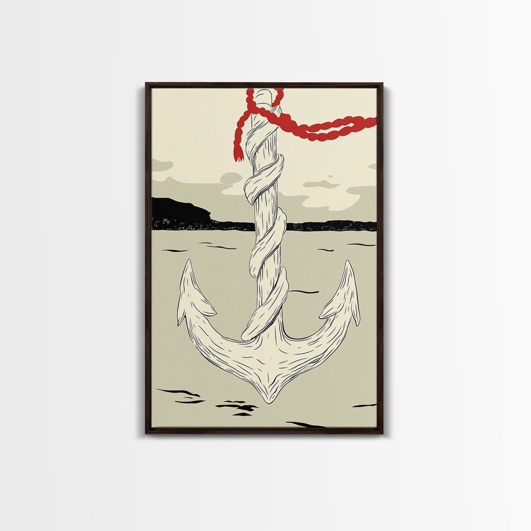 White Rope Anchor Illustration Wall Art, Nautical Coastal Decor, Beach House Canvas Print, Seaside Gift For Him, Ocean Wall Decor