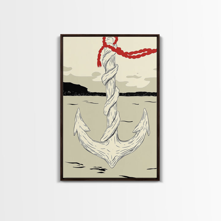 White Rope Anchor Illustration Wall Art, Nautical Coastal Decor, Beach House Canvas Print, Seaside Gift For Him, Ocean Wall Decor