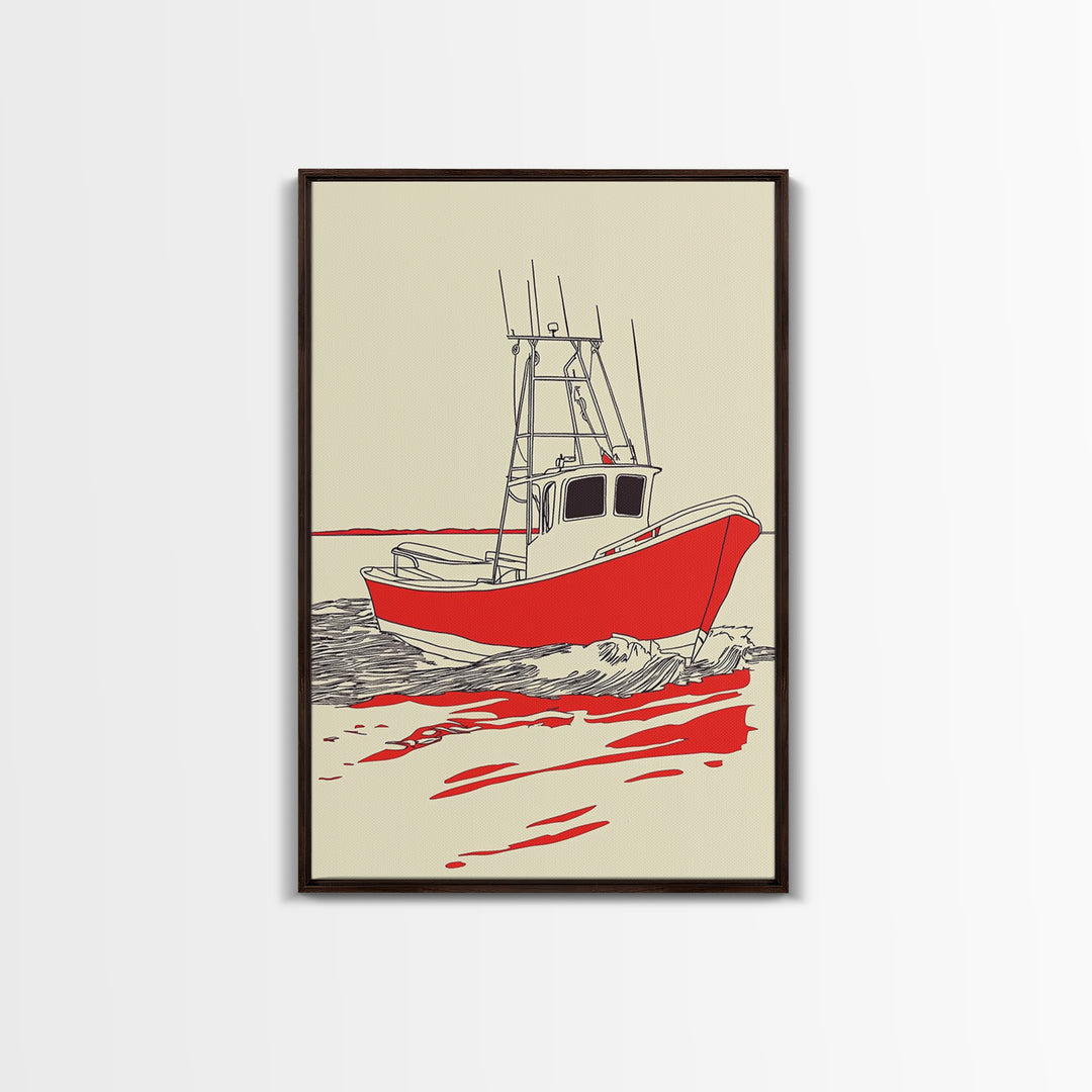 Red Fishing Boat Illustration Canvas Print, Nautical Wall Art, Coastal Beach House Decor, Maritime Gift For Him, Ocean Wall Decor