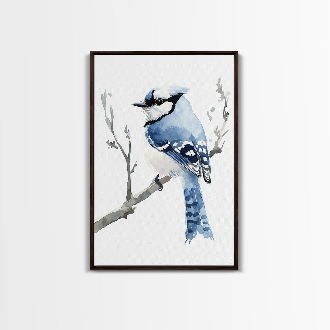 Blue Jay Perched On Branch Wall Art, Watercolor Bird Print, Woodland Nursery Decor, Nature Canvas Print, Bird Lover Gift