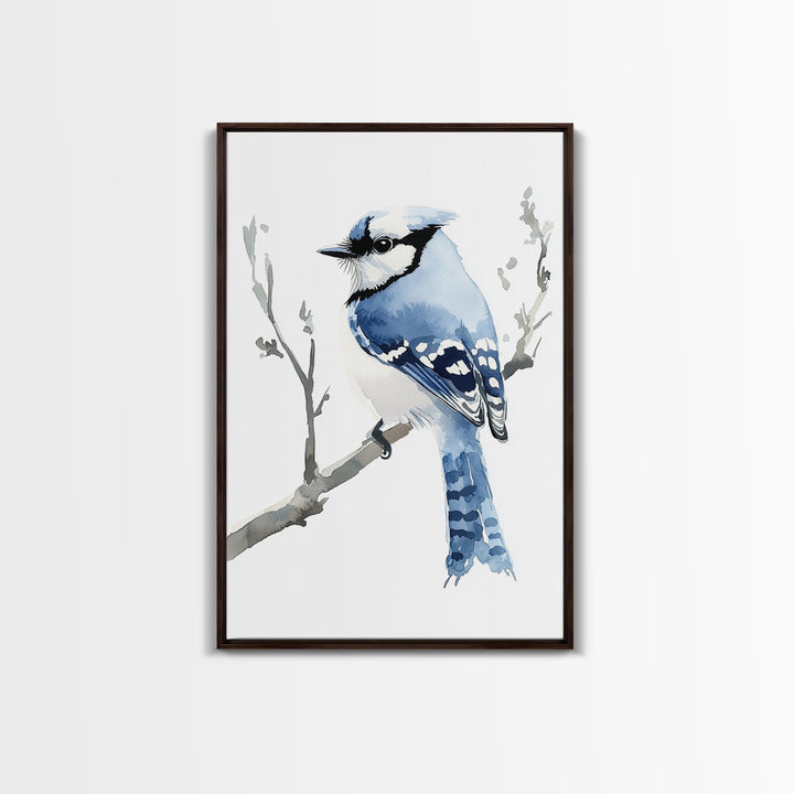 Blue Jay Perched On Branch Wall Art, Watercolor Bird Print, Woodland Nursery Decor, Nature Canvas Print, Bird Lover Gift