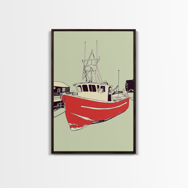 Red Fishing Boat In Harbor Wall Art, Nautical Coastal Canvas Print, Beach House Decor, Maritime Living Room Art Gift For Him