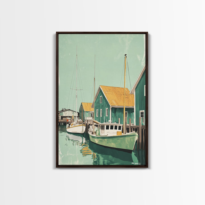 Green Fishing Boats By Dock Framed Canvas Print, Nautical Wall Art, Coastal Home Decor, Beach House Living Room Art Gift