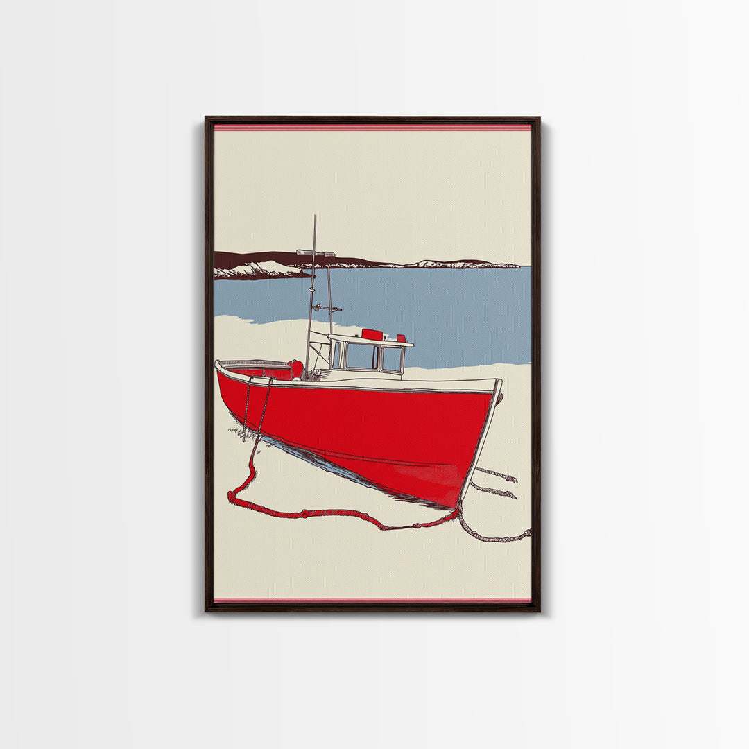 Red Lobster Boat On Blue Bay Wall Art, Nautical Coastal Canvas Print, Beach House Decor, Maritime Seascape Art Gift For Him