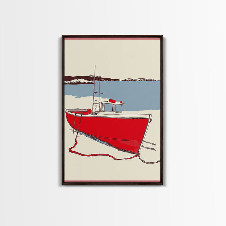 Red Lobster Boat On Blue Bay Wall Art, Nautical Coastal Canvas Print, Beach House Decor, Maritime Seascape Art Gift For Him