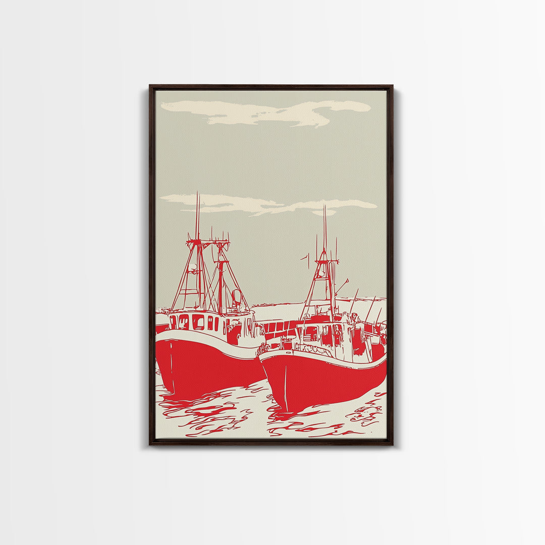 Two Red Fishing Boats At Harbor Canvas Print, Nautical Wall Art, Coastal Decor, Maritime Living Room Poster Gift For Him