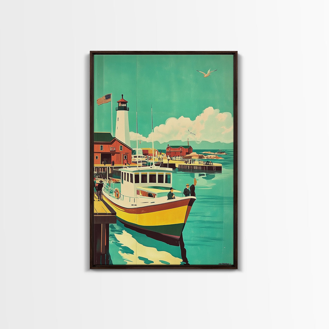 Harbor Boat With Lighthouse Framed Canvas Print, Coastal Wall Art, Nautical Travel Poster, Beach House Living Room Decor
