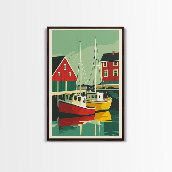 Red And Yellow Boats By Boathouse Wall Art, Nautical Coastal Canvas Print, Scandinavian Harbor Home Decor, Lake House Gift