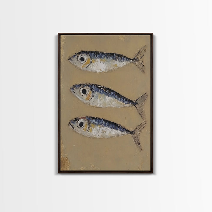 Three Blue Sardines On Beige Canvas Print, Coastal Kitchen Wall Art, Nautical Seafood Decor, Beach House Gift For Dining Room Home Decor