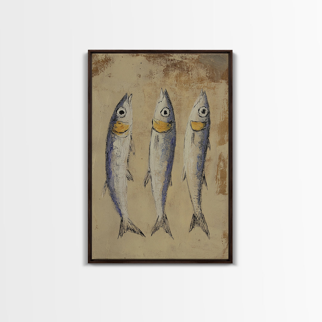 Rustic Three Sardines On Textured Beige Wall Art, Coastal Kitchen Decor, Nautical Fish Canvas Print For Beach House Dining Room