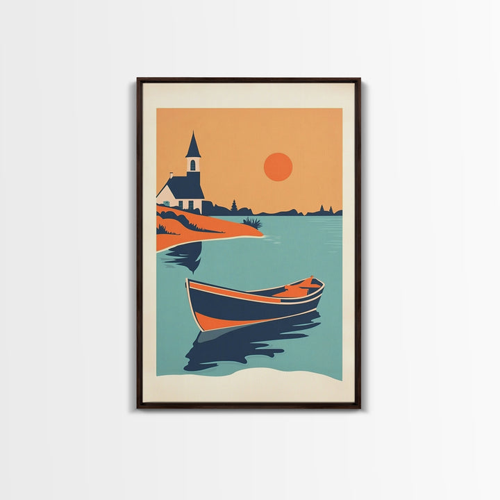 Orange Sunset Boat And Church Wall Art, Coastal Travel Poster, Lake House Decor, Nautical Canvas Print, Summer Beach Gift