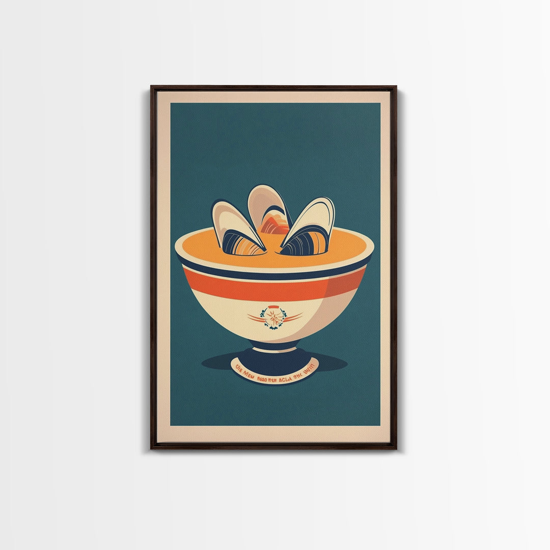 Retro Mussel Bowl Seafood Canvas Print, Coastal Kitchen Wall Art, Nautical Dining Room Decor, Shellfish Art Print Gift For Foodie