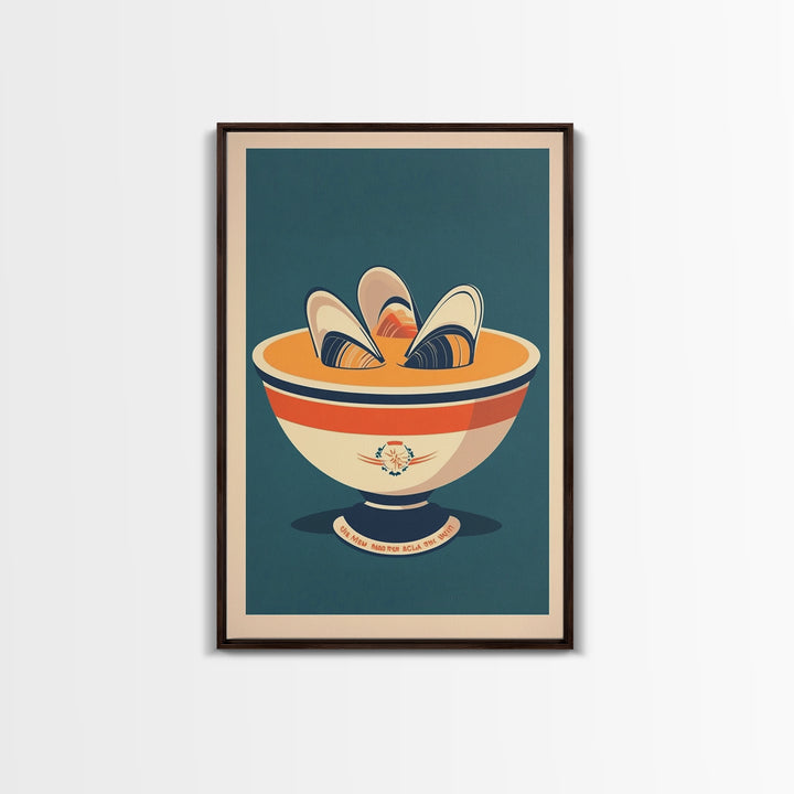 Retro Mussel Bowl Seafood Canvas Print, Coastal Kitchen Wall Art, Nautical Dining Room Decor, Shellfish Art Print Gift For Foodie