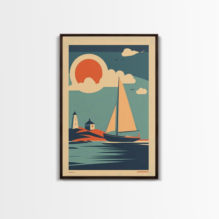 Art Deco Sailboat Lighthouse Sunset Wall Art, Coastal Travel Poster, Nautical Canvas Print, Beach House Decor Gift For Her