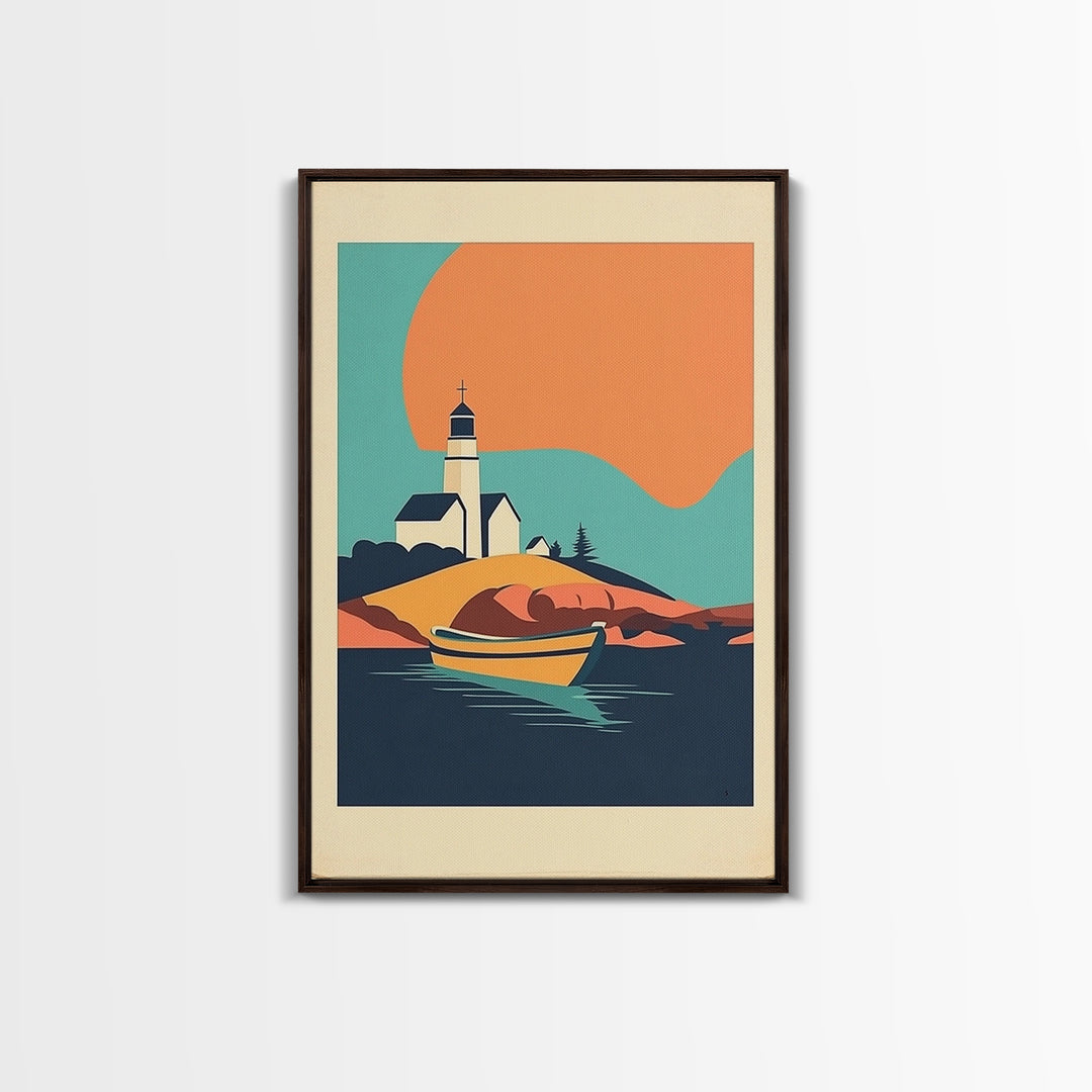 Lighthouse Cove With Rowboat Framed Canvas Print, Coastal Wall Art, Nautical Lake House Decor, Sunset Travel Poster Gift