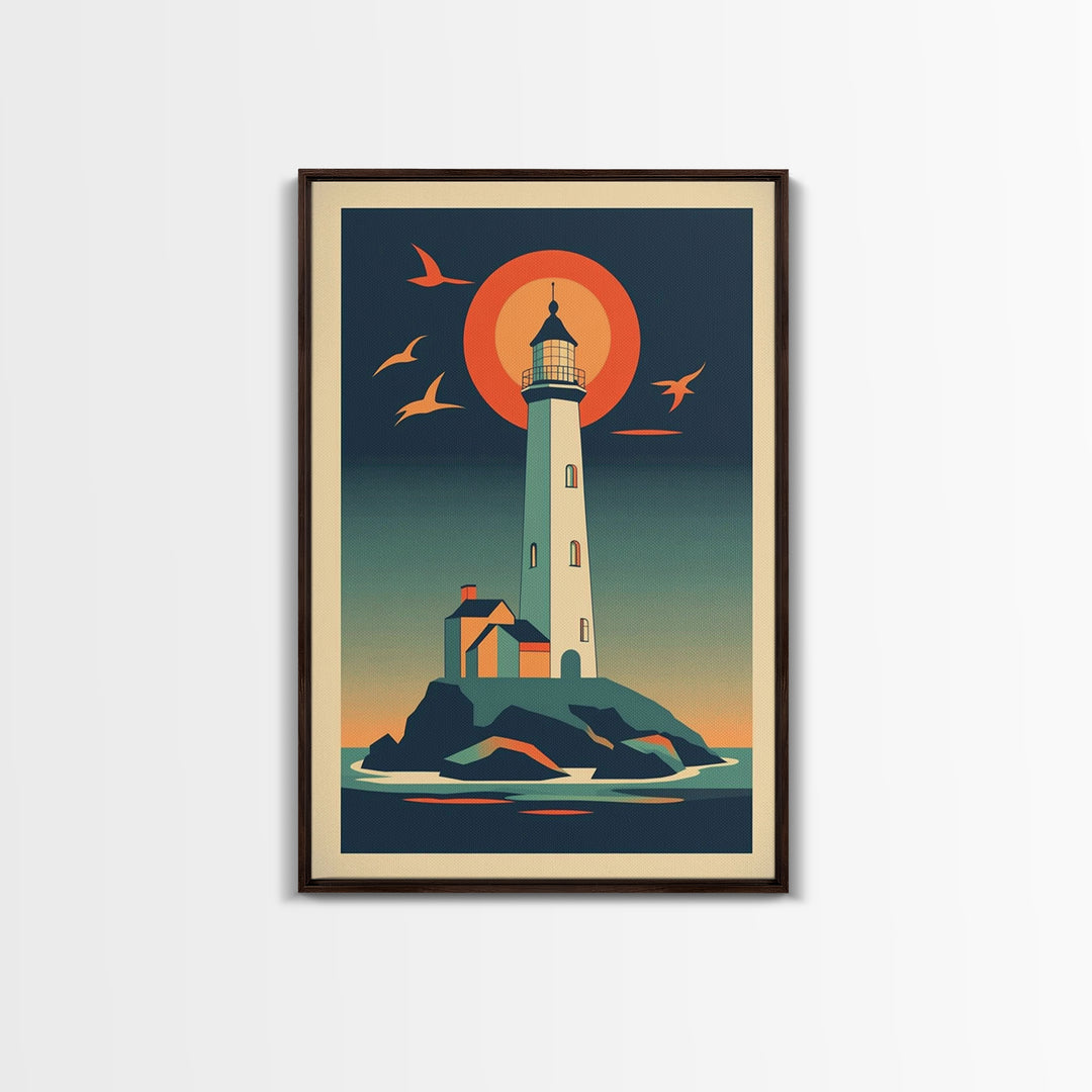 Retro Lighthouse At Sunset With Orange Sun And Seabirds Wall Art, Coastal Wall Decor, Nautical Art Print, Beach House Decor
