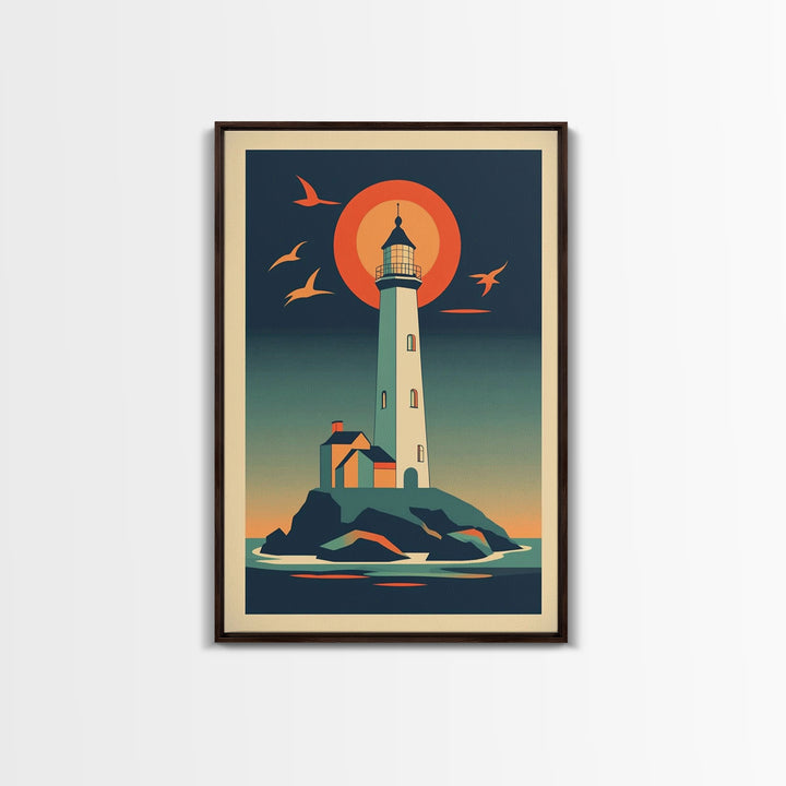 Retro Lighthouse At Sunset With Orange Sun And Seabirds Wall Art, Coastal Wall Decor, Nautical Art Print, Beach House Decor