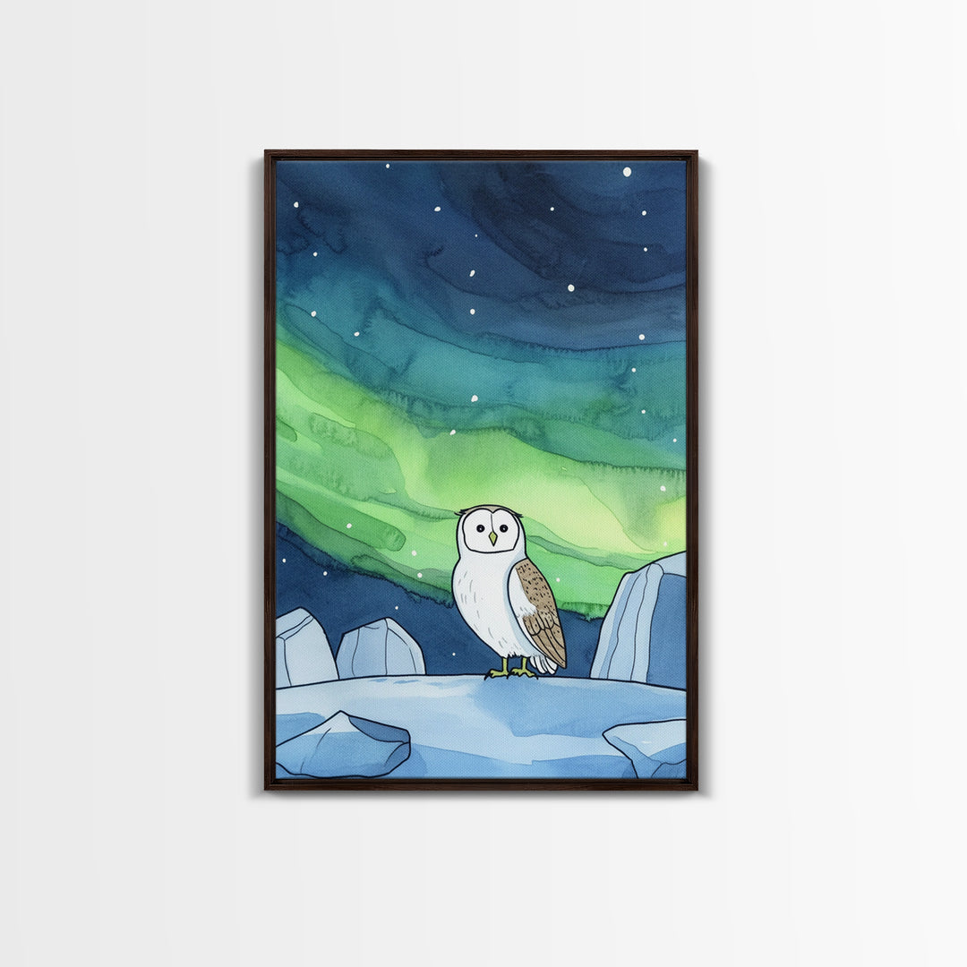Snowy Owl Under Northern Lights Wall Art, Aurora Sky Canvas Print, Celestial Wall Decor, Arctic Nursery Art, Nature Gift