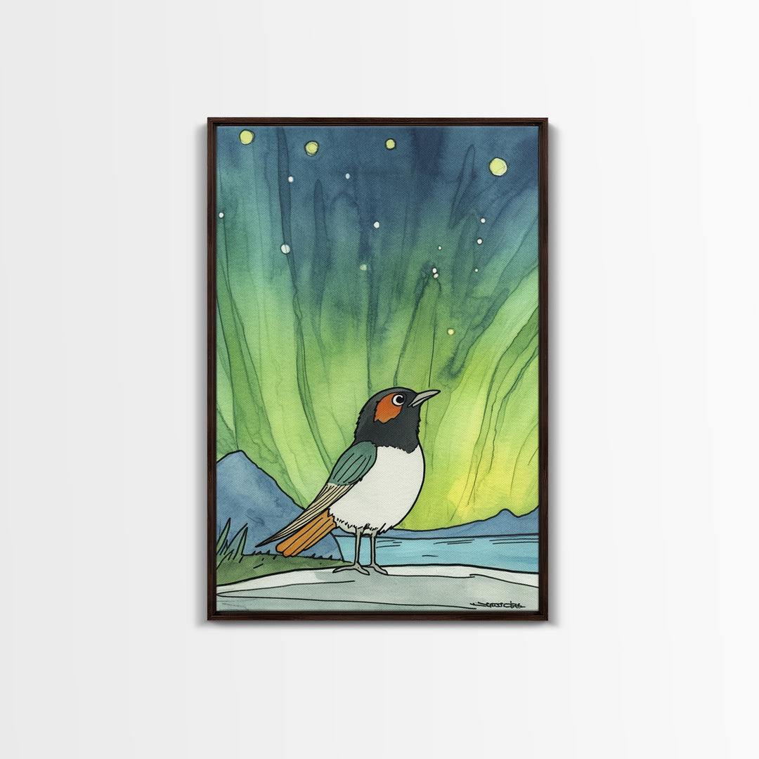 Robin Bird Beneath Green Northern Lights Canvas Print, Aurora Wall Art, Celestial Decor, Nature Wall Decor, Whimsical Art