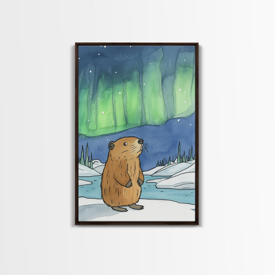 Whimsical Beaver Aurora Wall Art, Northern Lights Animal Print, Winter Nursery Decor, Woodland Animal Gift, Cozy Kids Room Decor