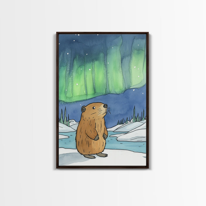 Whimsical Beaver Aurora Wall Art, Northern Lights Animal Print, Winter Nursery Decor, Woodland Animal Gift, Cozy Kids Room Decor