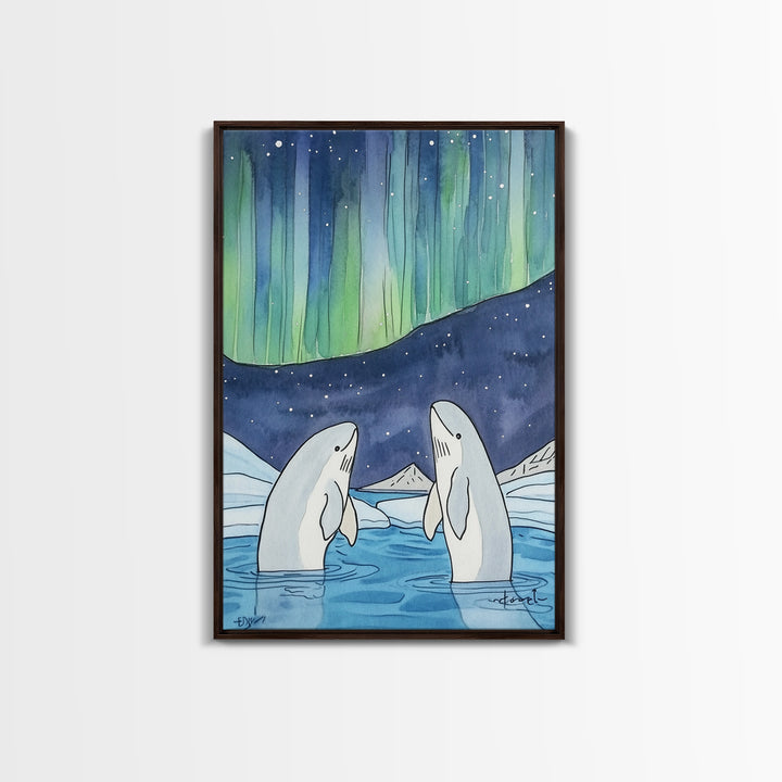 Northern Lights Beluga Whales Canvas Print, Aurora Borealis Ocean Wall Art, Arctic Nursery Decor, Coastal Wall Decor, Gift For Her