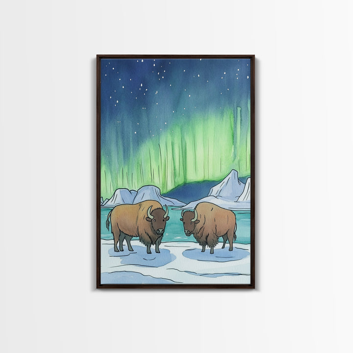 Aurora Bison In Snow Framed Canvas Print, Northern Lights Wall Art, Rustic Wildlife Art, Winter Nature Decor, Cabin Decor