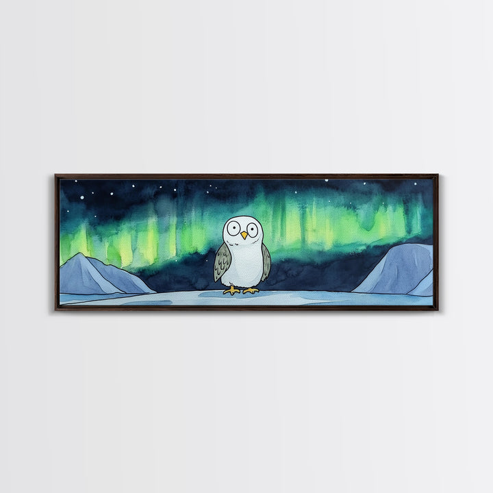 Northern Lights Owl Wall Art, Aurora Borealis Canvas Print, Whimsical Arctic Animal Decor, Kids Room Nursery Art Gift For Kids