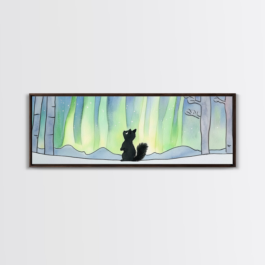 Black Squirrel Under Aurora Forest Wall Art, Winter Woodland Animal Print, Cute Nursery Decor, Northern Lights Wall Decor