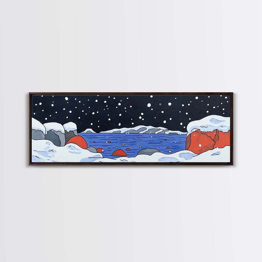 Snowy Arctic Cove With Red Rocks Wall Art, Winter Seascape Canvas Print, Coastal Landscape Decor, Ocean Art Print Home Decor