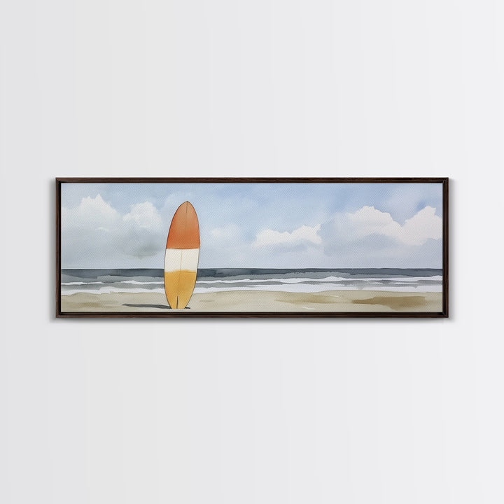 Orange Surfboard On Misty Beach Wall Art, Framed Canvas Print, Coastal Wall Decor, Surf Poster For Beach House Decor Living Room Art