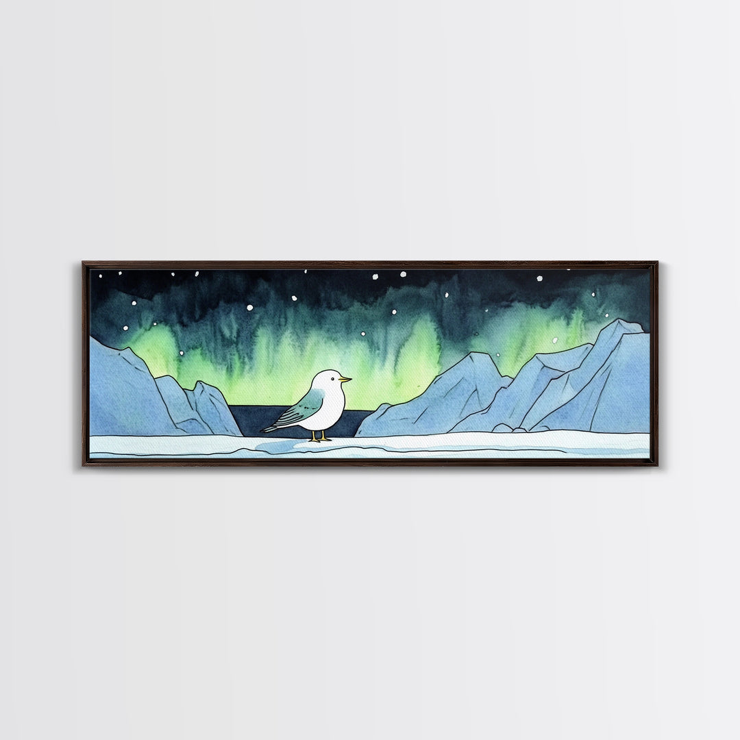Seagull Under Aurora Mountains Wall Art, Panoramic Canvas Print, Coastal Bird Art, Nautical Nursery Decor, Ocean Gift For Her