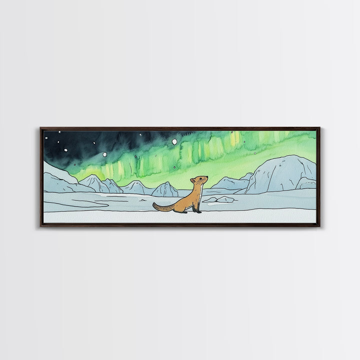 Playful Arctic Weasel Under Aurora Wall Art, Framed Canvas Print, Wildlife Wall Decor, Whimsical Nursery Art Gift For Kids Room