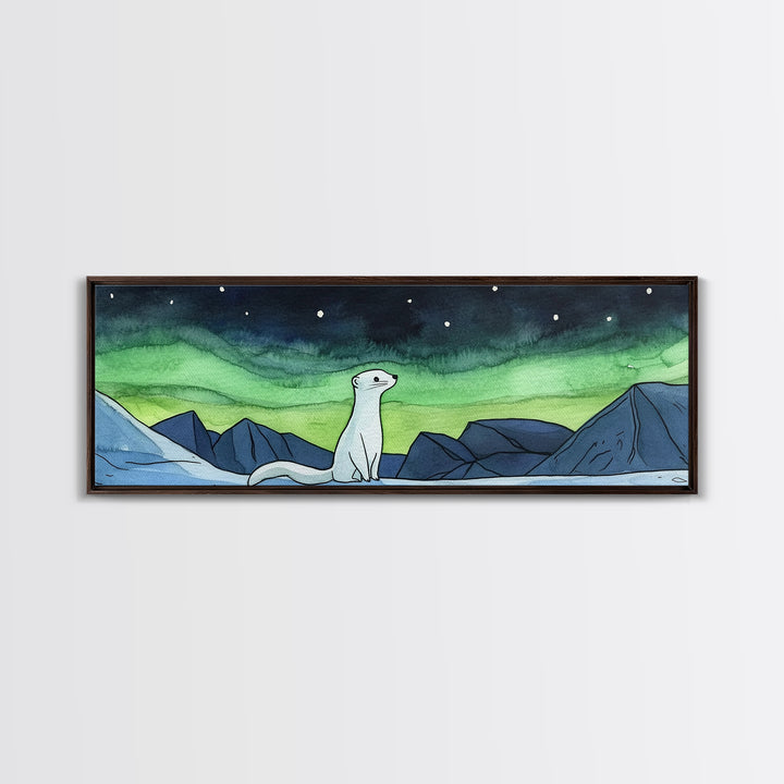 White Arctic Ermine Aurora Mountains Wall Art, Panoramic Canvas Print, Wildlife Wall Decor, Winter Nursery Art For Kids Room