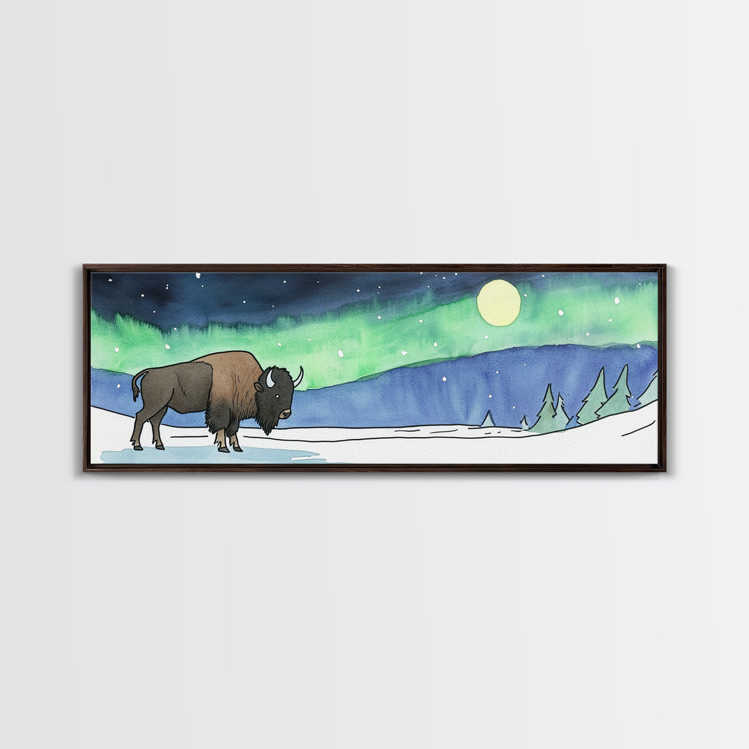 Snowy Bison Under Aurora Moon Wall Art, Wildlife Framed Canvas Print, Rustic Lodge Decor, Winter Landscape Art, Cabin Gift