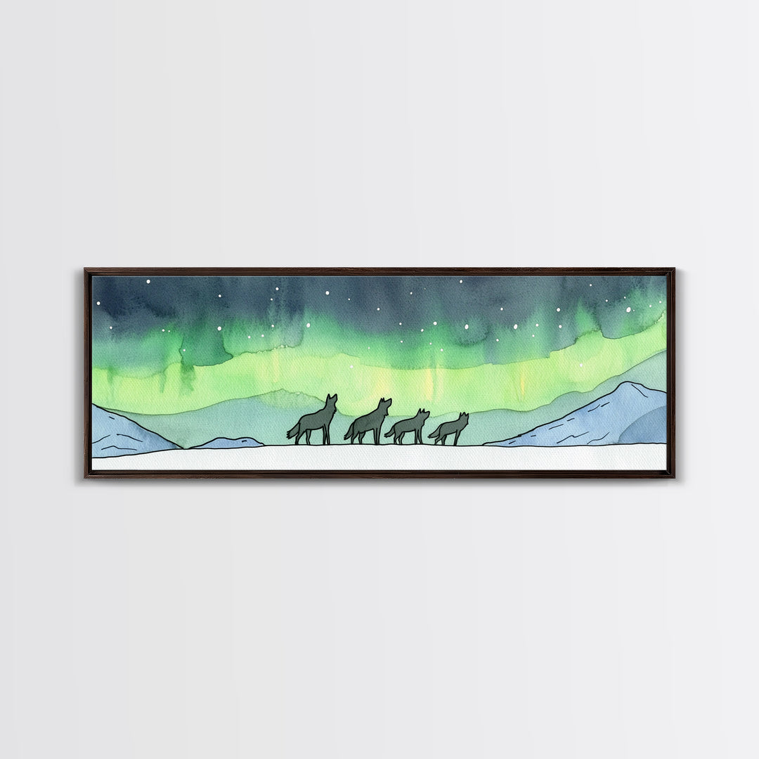 Howling Wolves Beneath Northern Lights Wall Art, Wildlife Canvas Print, Winter Mountain Decor, Aurora Landscape Print, Cabin Art