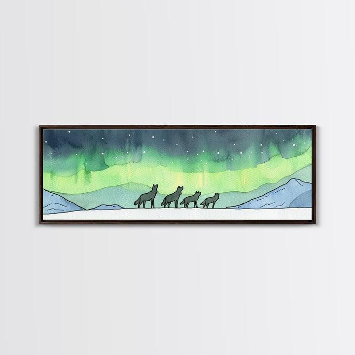 Howling Wolves Beneath Northern Lights Wall Art, Wildlife Canvas Print, Winter Mountain Decor, Aurora Landscape Print, Cabin Art