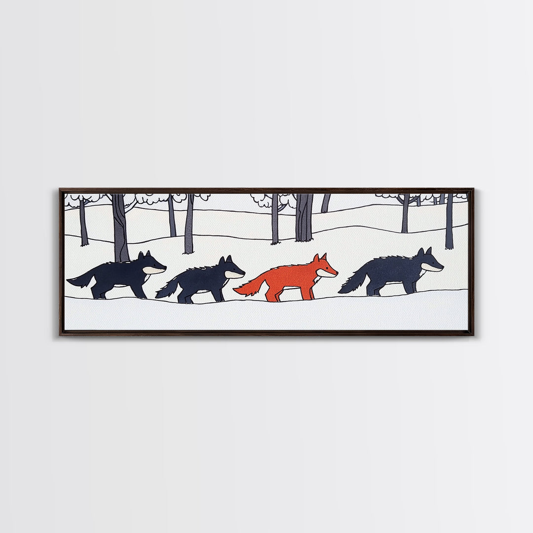 Red Fox Walking With Black Wolves Wall Art, Woodland Animal Canvas Print, Snowy Forest Nursery Decor, Whimsical Wildlife Art