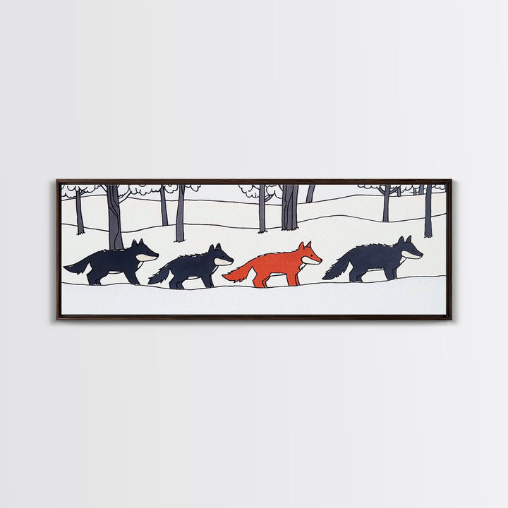 Red Fox Walking With Black Wolves Wall Art, Woodland Animal Canvas Print, Snowy Forest Nursery Decor, Whimsical Wildlife Art