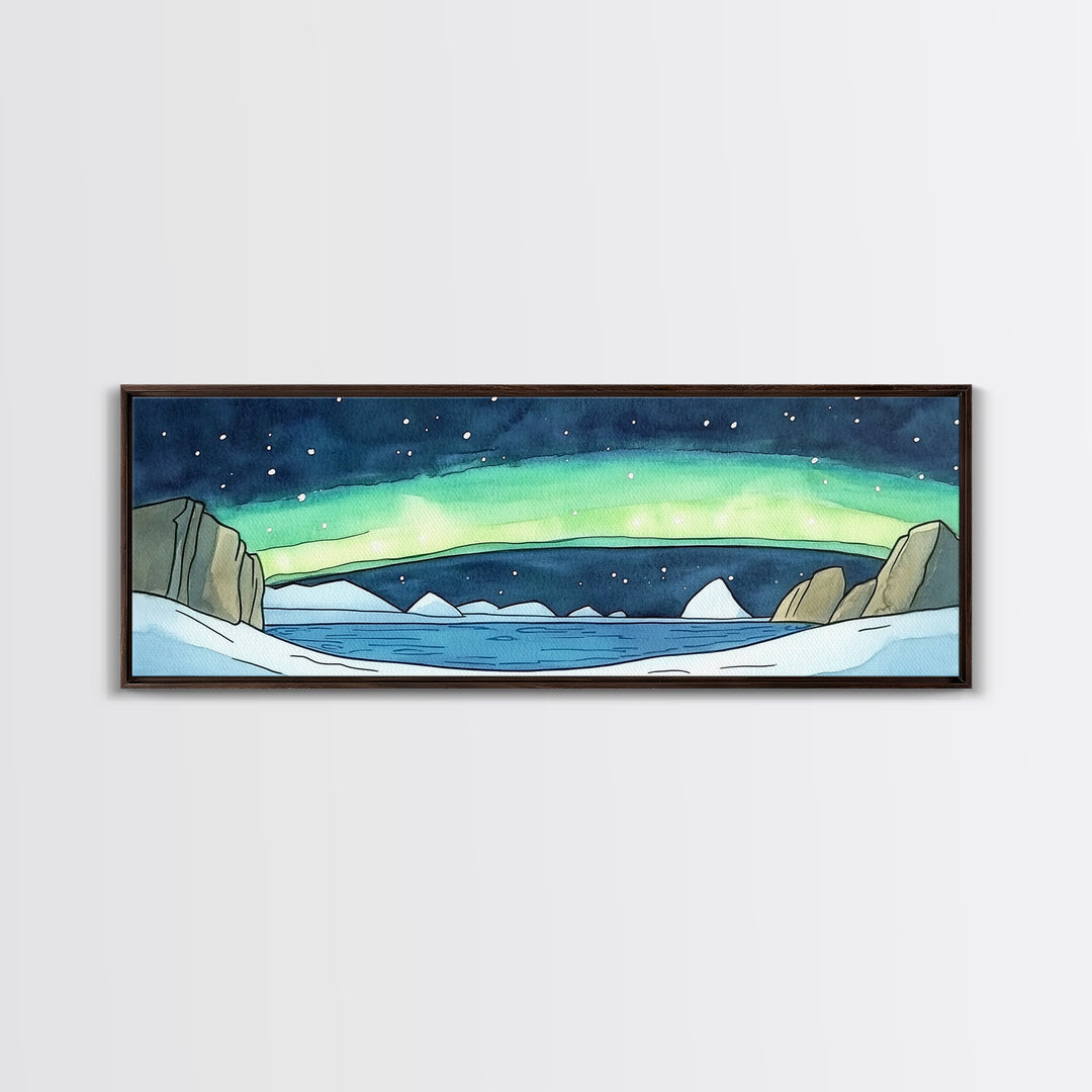 Arctic Aurora Over Icy Sea Wall Art, Northern Lights Landscape Canvas Print, Panoramic Coastal Decor, Statement Artwork Gift