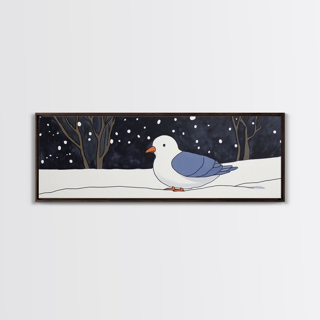 Snowy White Bird In Winter Forest Wall Art, Cozy Nursery Decor, Scandinavian Nature Print, Minimalist Bedroom Poster Gift