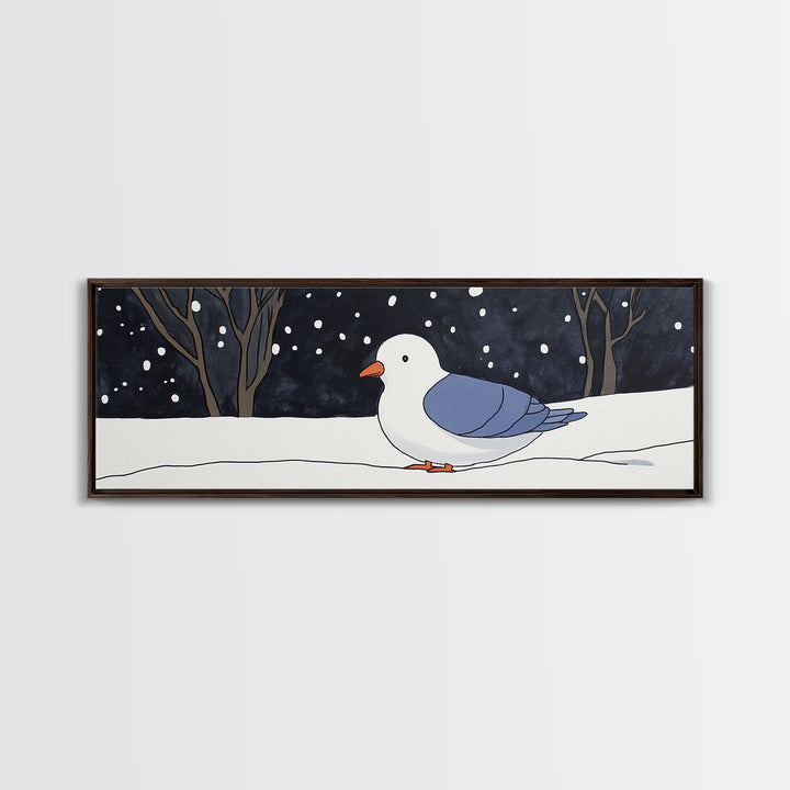 Snowy White Bird In Winter Forest Wall Art, Cozy Nursery Decor, Scandinavian Nature Print, Minimalist Bedroom Poster Gift