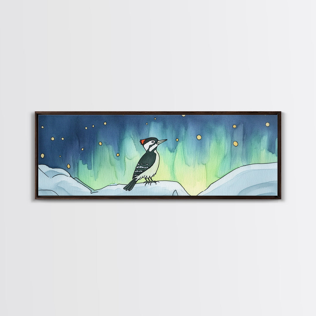Aurora Woodpecker On Snowy Branch Canvas Print, Nordic Bird Wall Decor, Wildlife Art Print, Winter Nursery Decor Gift For Bird Lovers